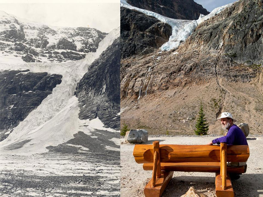 Angel Glacier in 1920 compared to the glacier in 2019