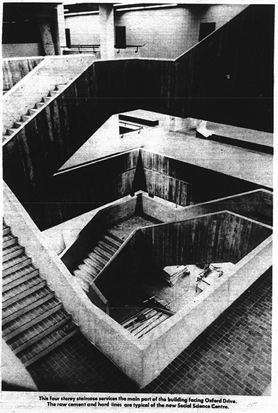 Newspaper clipping showing the staircase in the Social Science Centre