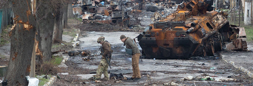 A main street in the Ukrainian city of Bucha after the Russian invasion of Ukraine. Photo from Wikimedia Commons.