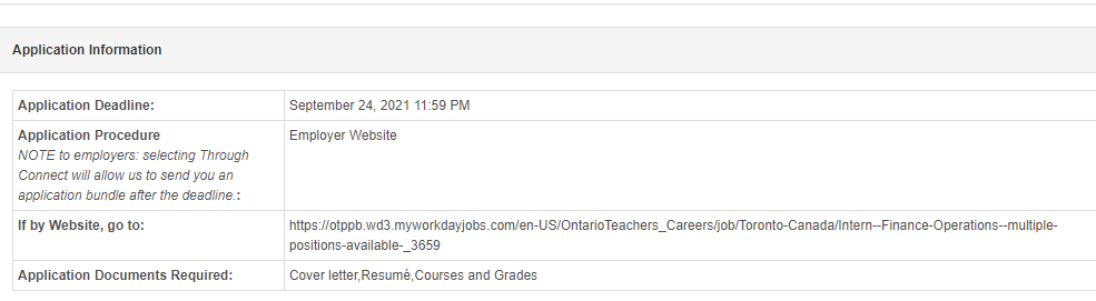 Screenshot of internship application information