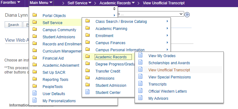 Screenshot of where to download Unofficial Transcript in Student Center